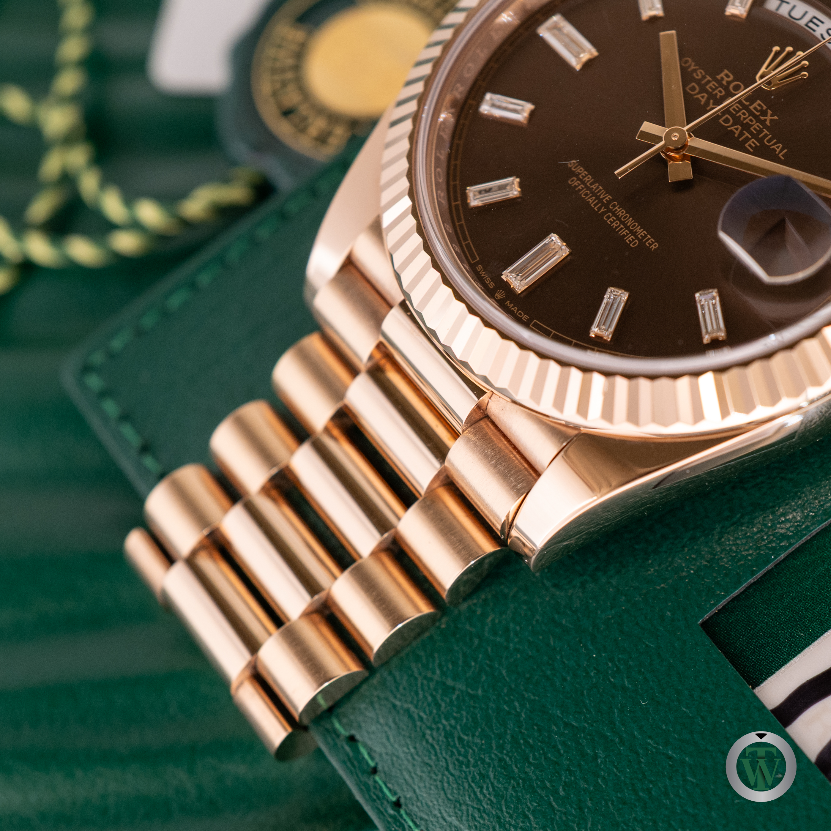 Rolex Day Date 40 228235 Everose Gold Chocolate Baguette Diamond Dial ...