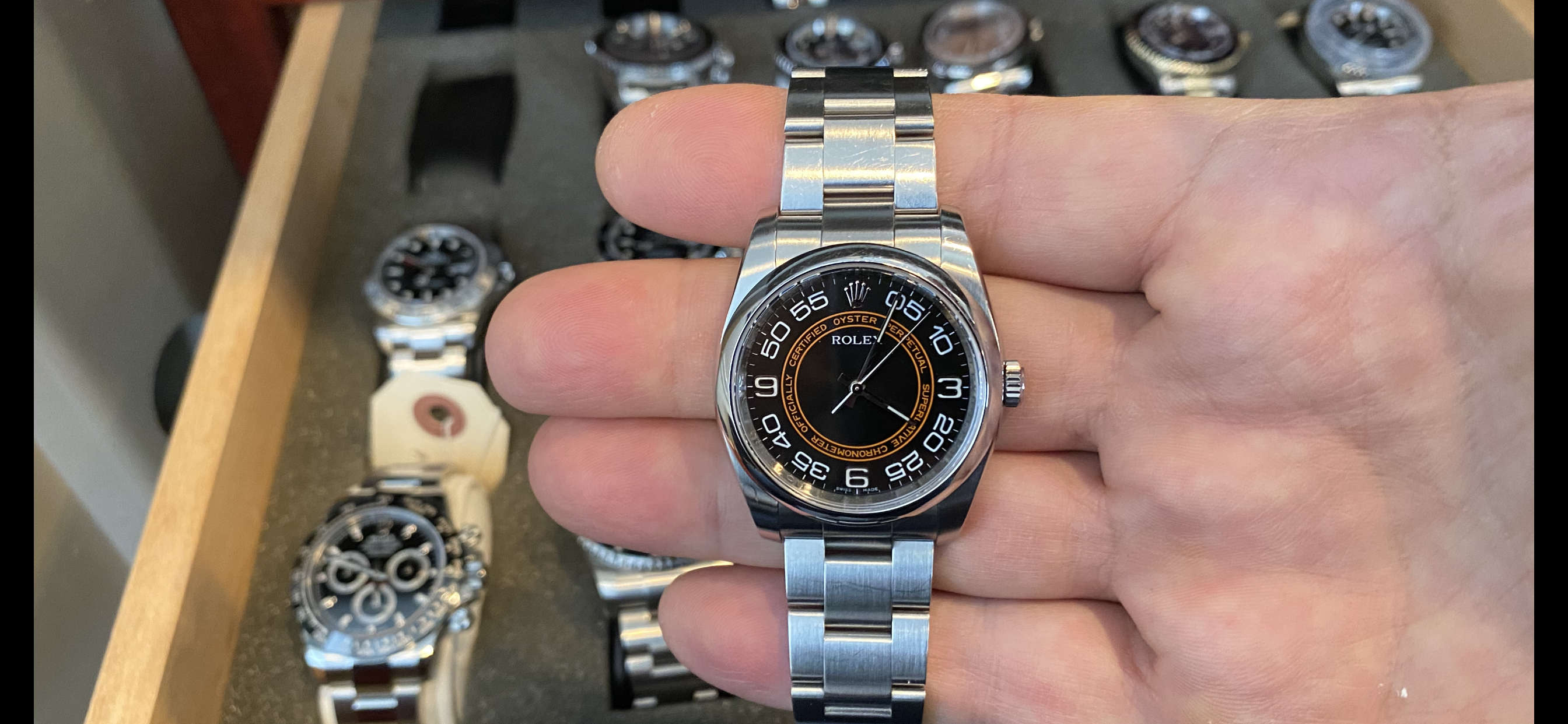 Rolex 116000 Steel Oyster Perpetual Black & Orange Arabic Watch